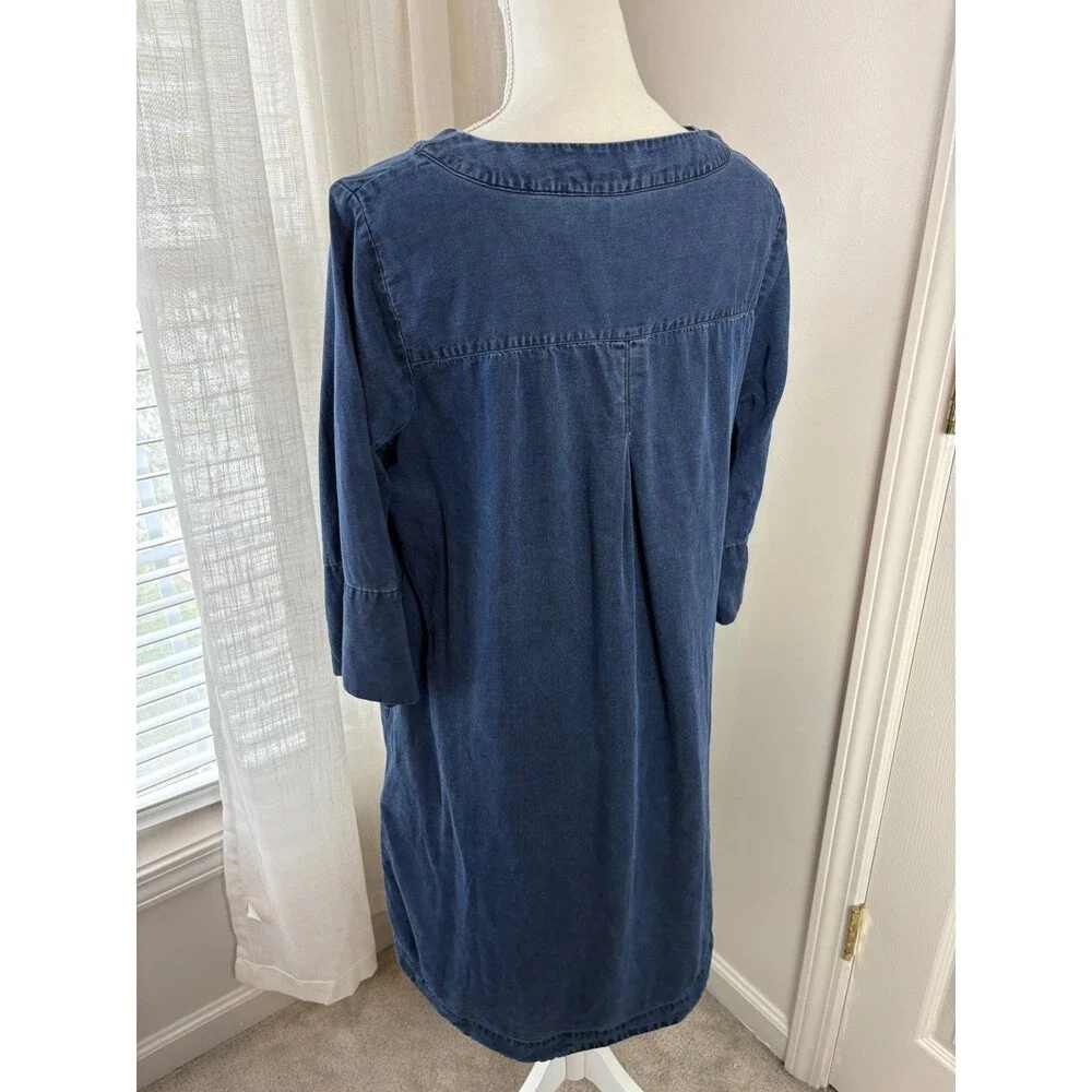 Soft Surroundings Blue Denim V Neck Dress Large Quarter Sleeve Beach Summer 145